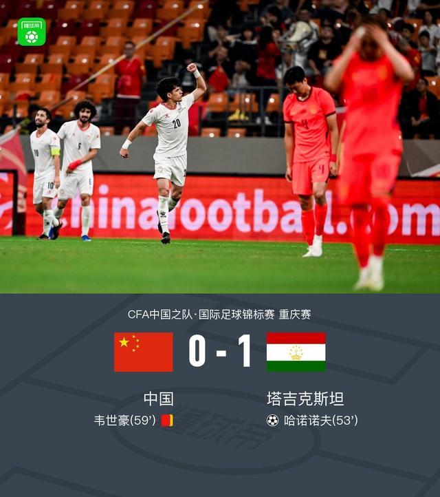 10人国足0-1塔吉克斯坦,韦世豪造险+染红,刘殿座脱手丢球